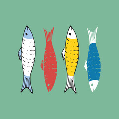 Fish set, Cartoon fish sketch doodle, Vector illustration