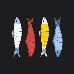 Fish set, Cartoon fish sketch doodle, Vector illustration
