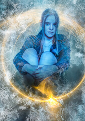 Fototapeta na wymiar Beautiful young woman in a sitting pose with magical ice and flame overlays ,concept of contrast .