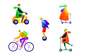 Vector graphics.Set of velo and moto transport. People go on transport.