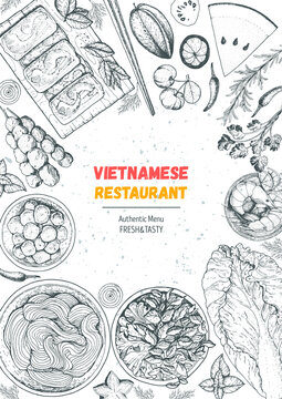 Vietnamese food top view frame. A set of vietnamese dishes. Food menu design template. Hand drawn sketch vector illustration. Engraved style.