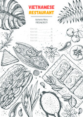 Vietnamese food top view frame. A set of vietnamese dishes . Food menu design template. Hand drawn sketch vector illustration. Engraved style.