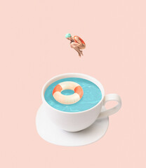 Contemporary art collage. Creative colorful design with young girl in swimming cap jumping into swimming pool cup isolated over peach background