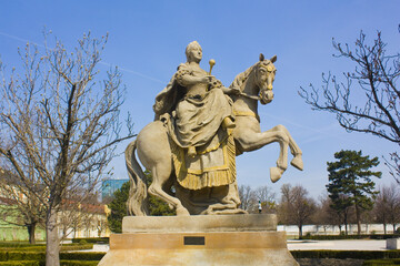 Fototapeta na wymiar Equestrian statue of Maria Theresa Walburga Amalia Christina in Grassalkovich Palace park of Bratislava, Slovakia
