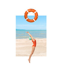 Contemporary art collage. Young woman in beautiful swimming suit, lifeguard at the beach with...