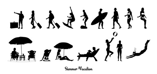Vector illustration set of silhouette people enjoying summer vacation