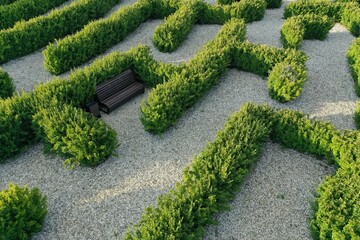 Aerial view of beautiful formal garden with bench