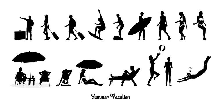 Vector illustration set of silhouette people enjoying summer vacation