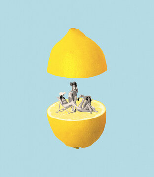 Naklejka Contemporary art collage. Three stylish women chilling on lemon beach isolated over blue ackground