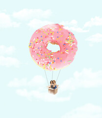 Contemporary art collage. Creative colorful design with two stylish girls flying on donut like on...