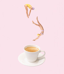 Contemporary art collage. Creative colorful design with two girls diving into coffee cup isolated on pink background