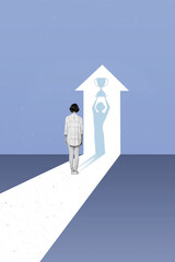Creative abstract template graphics picture of black white visual effect lady imagining getting prize isolated blue color background