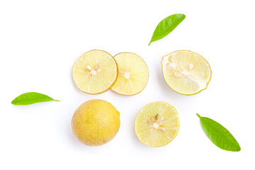 Lemon fruit and Lemon slices with green leaves on white background