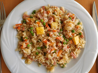 Rice three delights. Typical food from Chinese restaurants.