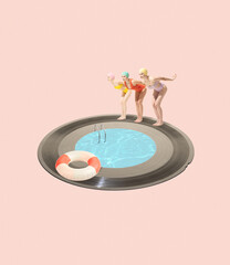 Contemporary art collage. Three girls preparing to jump into vinyl record swimming pool isolated on...