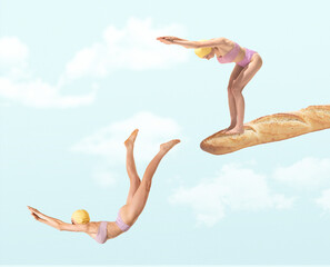 Contemporary art collage. Creative colorful design with girl diving, jumping from baguette isolated over blue sky background