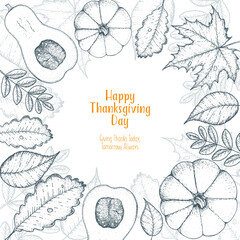 Thanksgiving day vector illustration. Frame with maple and oak leaves, branches and pumpkin.