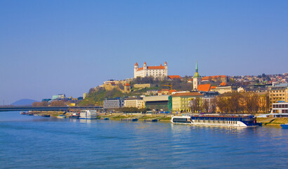 Fototapeta na wymiar View of Bratislava Castle from old tram bridge, Slovakia