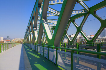 Bratislava tram green bridge over Danube river, Slovakia