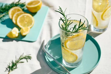 Fotobehang Summer refreshing lemonade drink or alcoholic cocktail with ice, rosemary and lemon slices on the table in the garden. Fresh healthy cold lemon beverage. Water with lemon. © Caterina Trimarchi