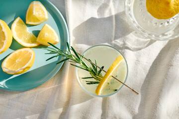 Summer refreshing lemonade drink or alcoholic cocktail with ice, rosemary and lemon slices on the table in the garden. Fresh healthy cold lemon beverage. Water with lemon.