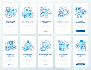 University and college problems blue onboarding mobile app screen set. Walkthrough 5 steps editable graphic instructions with linear concepts. UI, UX, GUI template. Myriad Pro-Bold, Regular fonts used