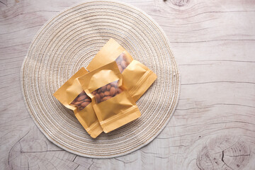  top view of almond nuts in a packet 