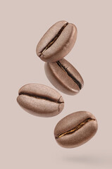 Flying delicious coffee beans, isolated on pastel background