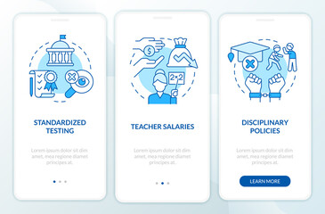 Obraz na płótnie Canvas Major education issues blue onboarding mobile app screen. Walkthrough 3 steps editable graphic instructions with linear concepts. UI, UX, GUI template. Myriad Pro-Bold, Regular fonts used