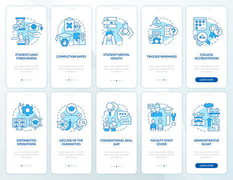 University and college problems blue onboarding mobile app screen set. Walkthrough 5 steps editable graphic instructions with linear concepts. UI, UX, GUI template. Myriad Pro-Bold, Regular fonts used