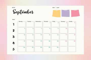 September month planner, daily monthly planner colorful and simple