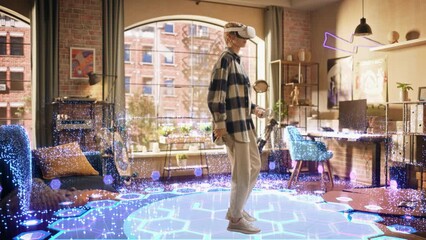 Young Creative Female Putting On a Virtual Reality Headset at Home in Her Living Room. Her Consciousness is Transformed into Futuristic Beautiful Metaverse Internet World with Vivid Digital Avatars. - Powered by Adobe