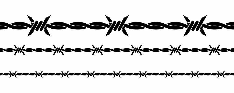 Vector illustration of barbed wire isolated on white background. Twisted barbwire seamless background. Security fence pattern. 