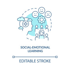 Social emotional learning turquoise concept icon. Trend in education abstract idea thin line illustration. Isolated outline drawing. Editable stroke. Arial, Myriad Pro-Bold fonts used