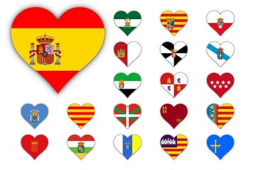 Cartel con banderas en corazones de España, comunidades autónomas y ciudades autónomas - obrazy, fototapety, plakaty