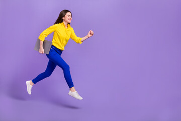 Fototapeta na wymiar Full length body size view of attractive trendy cheery girl jumping running isolated over bright violet purple color background