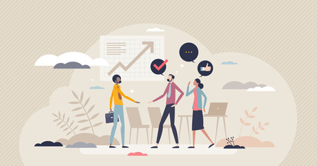 Employee onboarding process and welcoming to new job tiny person concept. Greetings to hired employee and duties explanation for better staff integration vector illustration. Human resources work. - obrazy, fototapety, plakaty
