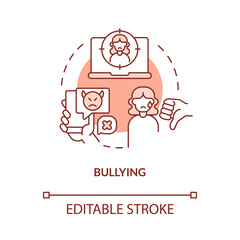 Bullying red concept icon. Cyberbullying and torment online. Public schools problem abstract idea thin line illustration. Isolated outline drawing. Editable stroke. Arial, Myriad Pro-Bold fonts used