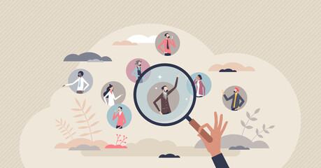 Recruiting employees and human resources hiring job tiny person concept. Search candidates and talents for company staff and team vector illustration. Headhunter review skills and looking for best.