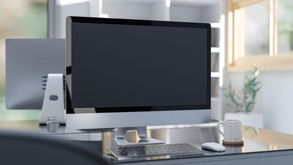 Computer MockUp on work desk in office Designed in minimal. can be used in education and business. 3D Render.