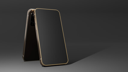 Gold smartphone Mock-Up and light from beside on black background. 3D Render.