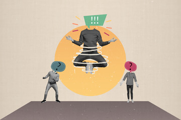 Composite collage picture of three people black white gamma punctuation marks instead head think make decisions solutions