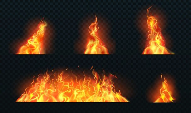 Realistic flame. Hot fireball warm furnace fire blazing effect abstract torch red flames flaming isolated fireplace vector collection. Hot fire. Vector realistic elements set for design.