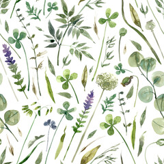 Field herbs, wild plants, greenery seamless pattern with watercolor illustrations. Green meadow grass and flowers background. Texture for printing fabrics, textiles, wallpaper, wrapping paper.