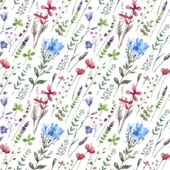 Fototapeta na wymiar Watercolor hand painted seamless pattern with wild flowers and pink poppies. Floral rustic background. Nature illustration for wrapping paper, textile, decorations.