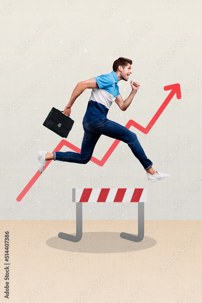 Poster vertical composite portrait of running business person hold briefcase drawing growth up arrow