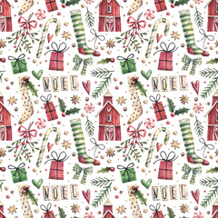 Christmas, New Year pattern in vintage style with hand-drawn watercolor illustrations. Winter house, Christmas gifts, mistletoe, stockings and Christmas tree branches seamless pattern.