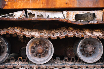 Destroyed and burned russian armored military vehicle close up