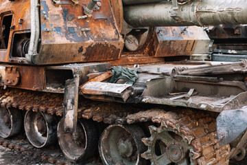 Destroyed and burned russian armored military vehicle
