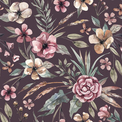 Floral seamless pattern with gentle flowers and delicate branches in vintage stile. Watercolor flowers and leaves on dark background boho stile pattern. Texture for ttextiles, fabrics, paper, etc.